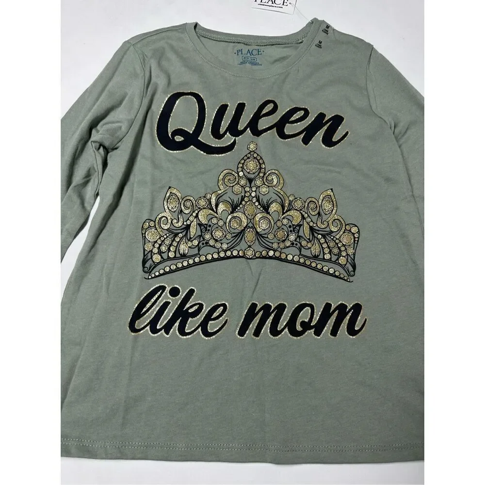 NWT The Children’s Place Girls Queen Mom Graphic Tee Green Glitter Sz M(7-8)